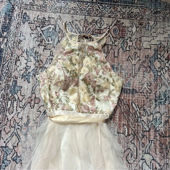 Nights by Teeze Me Champagne Floral Chiffon Tiered Ruffle Gown Size 7 Formal - Picture 7 of 12